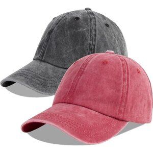 Unisex Burgundy + Black Baseball Cap Cotton Fits Washed Denim Adjustable Hat